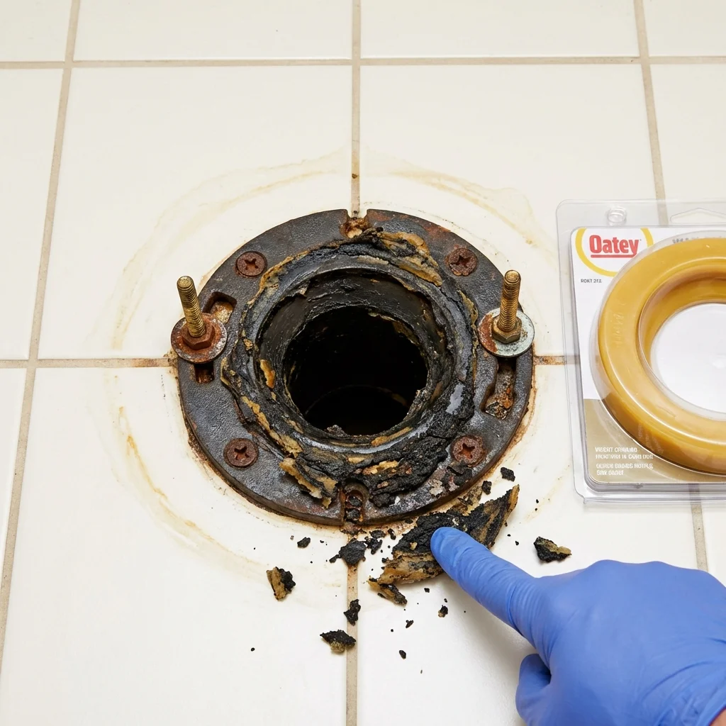 Failed wax ring showing water seepage at the base of a toilet in a Carrollton, MO home
