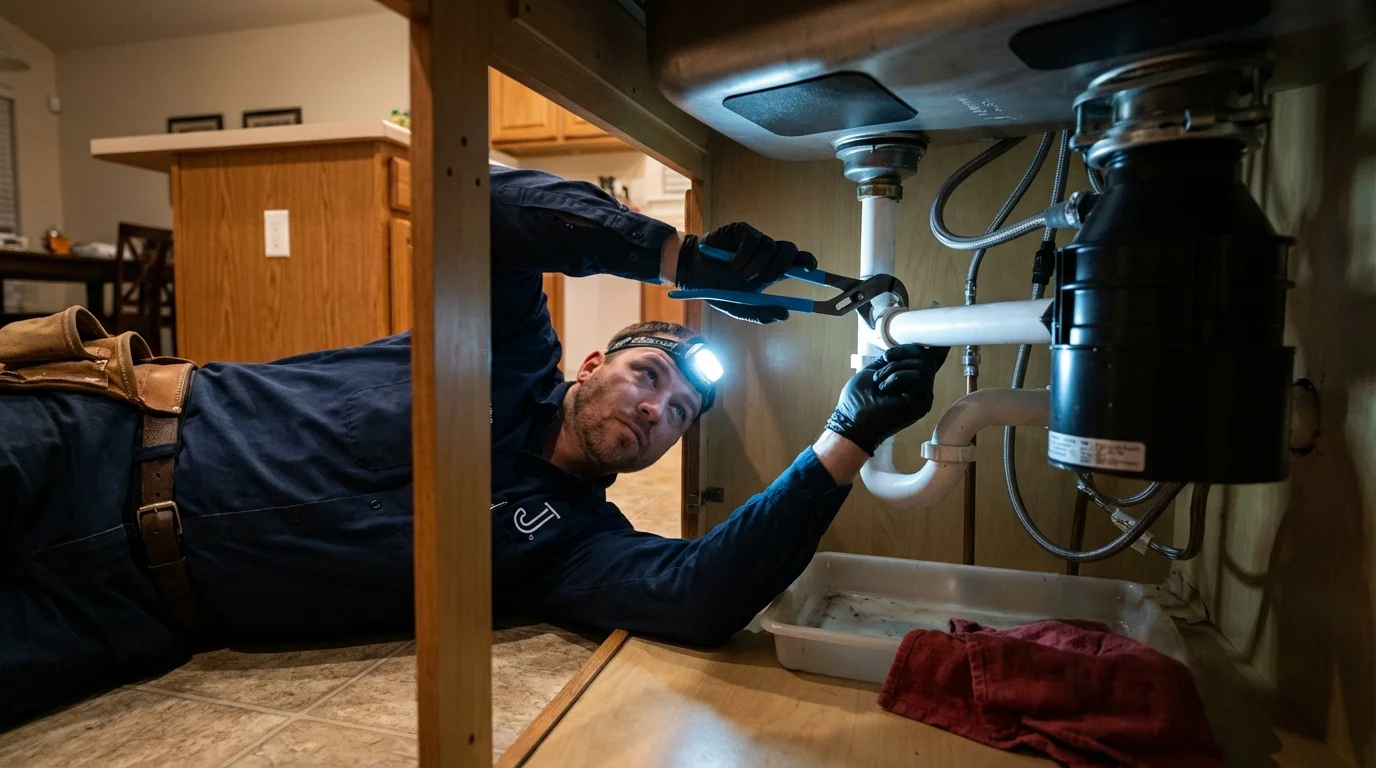 P-trap and supply line connections under a kitchen sink showing a common leak point in Carrollton, MO